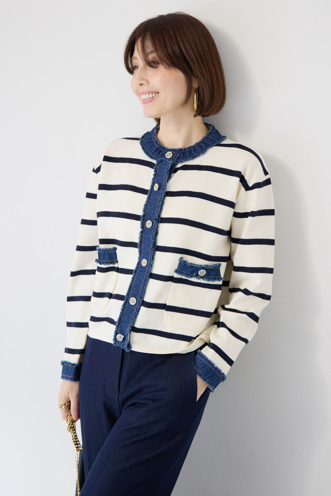 フリンジデニムライン ボーダーカーディガン