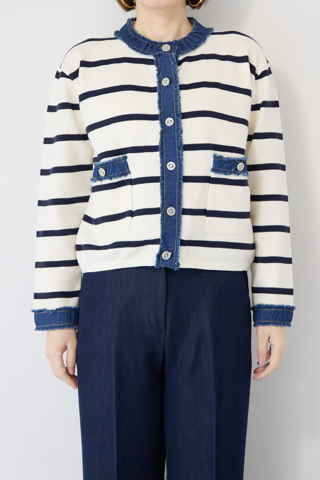 フリンジデニムライン ボーダーカーディガン