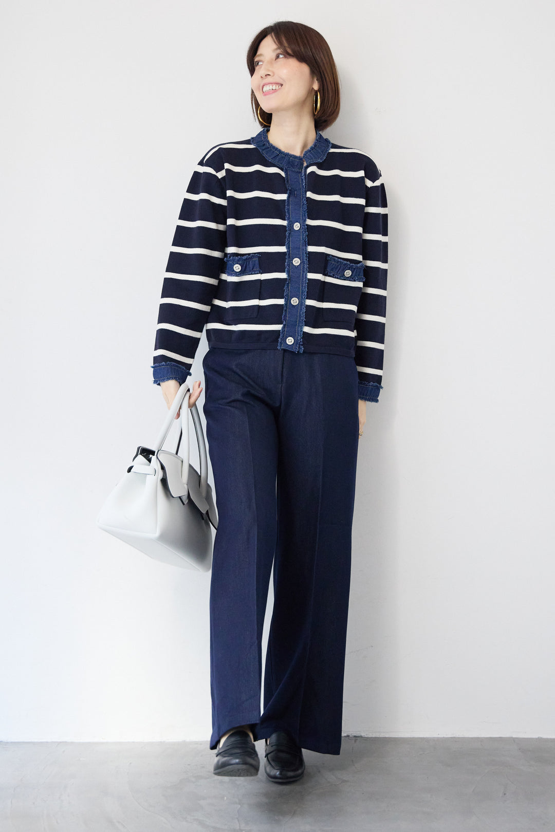 フリンジデニムライン ボーダーカーディガン