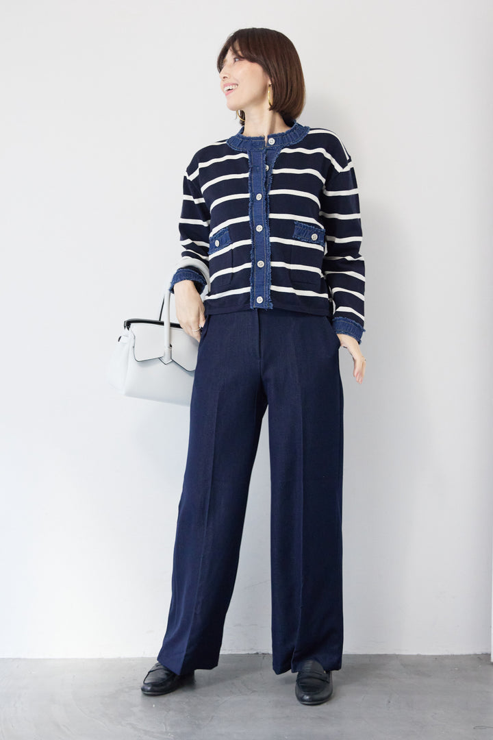 フリンジデニムライン ボーダーカーディガン