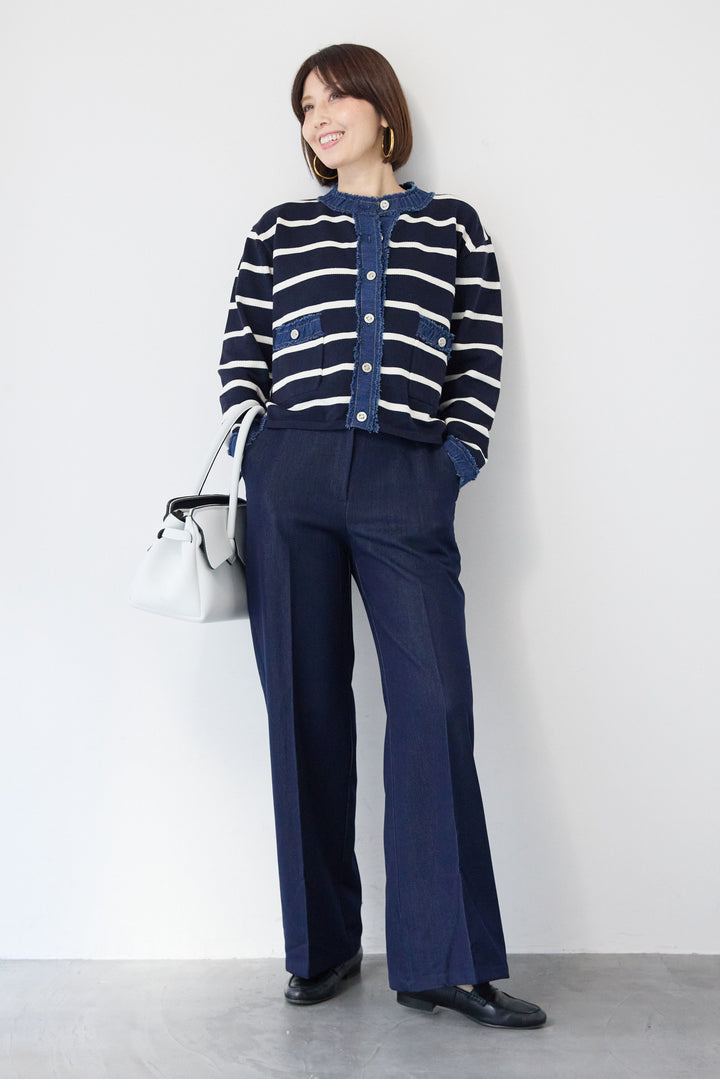 フリンジデニムライン ボーダーカーディガン