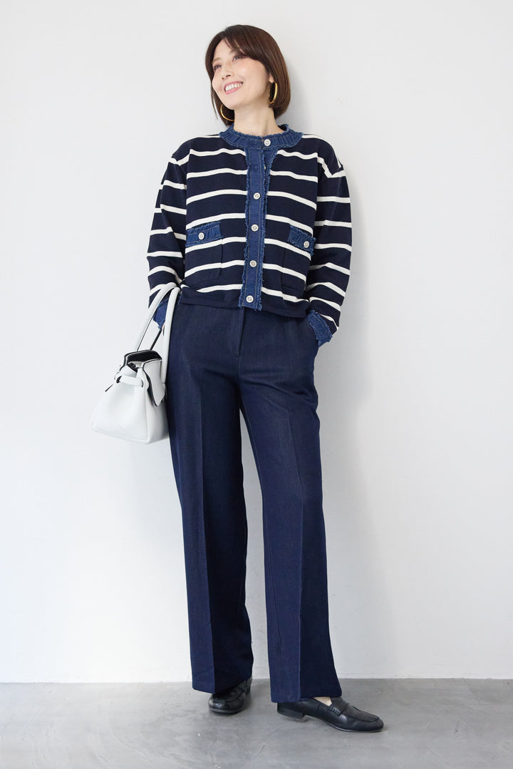 フリンジデニムライン ボーダーカーディガン
