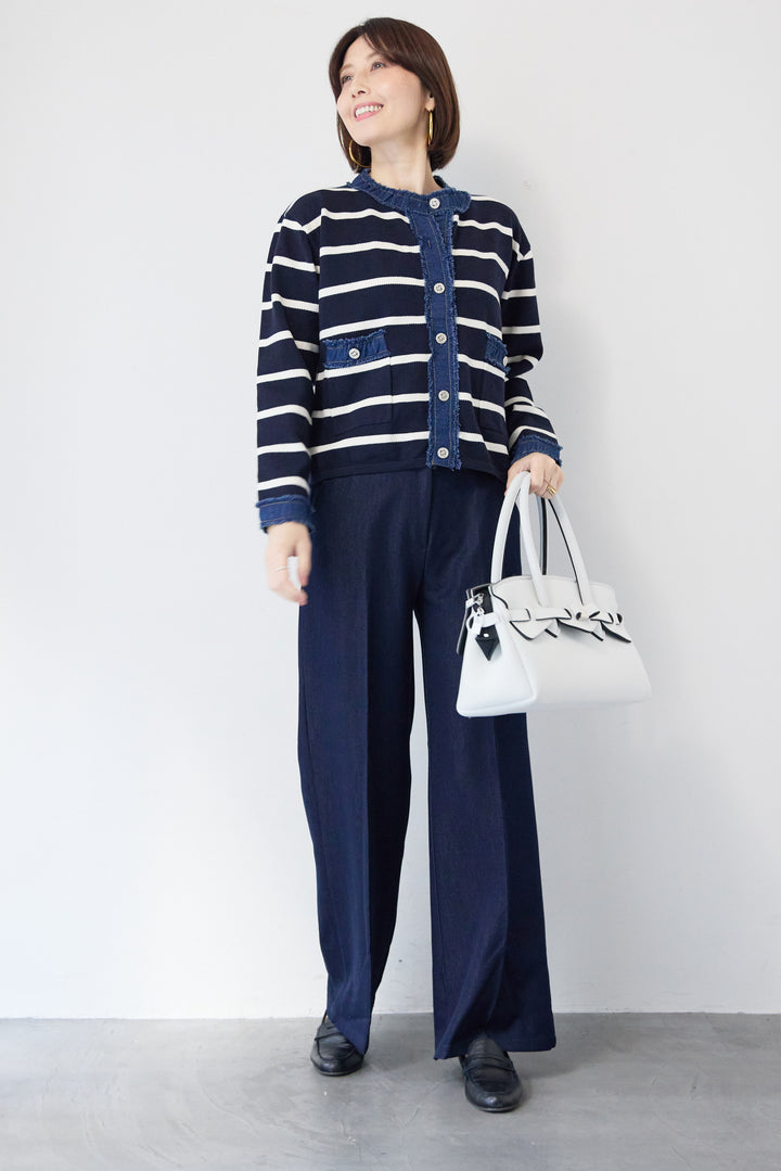フリンジデニムライン ボーダーカーディガン