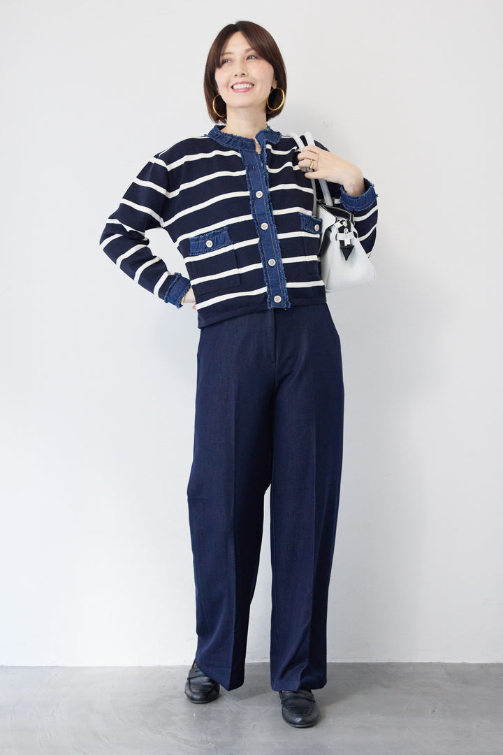 フリンジデニムライン ボーダーカーディガン