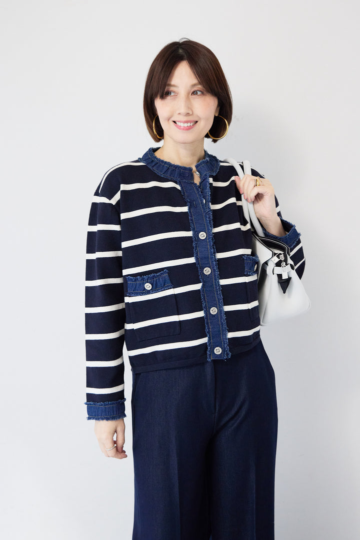 フリンジデニムライン ボーダーカーディガン