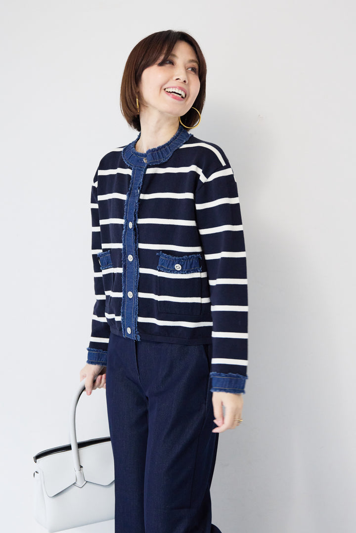 フリンジデニムライン ボーダーカーディガン