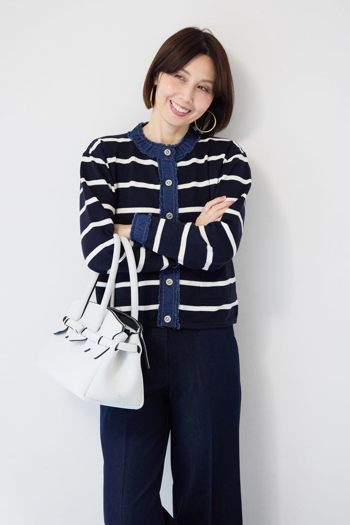 フリンジデニムライン ボーダーカーディガン
