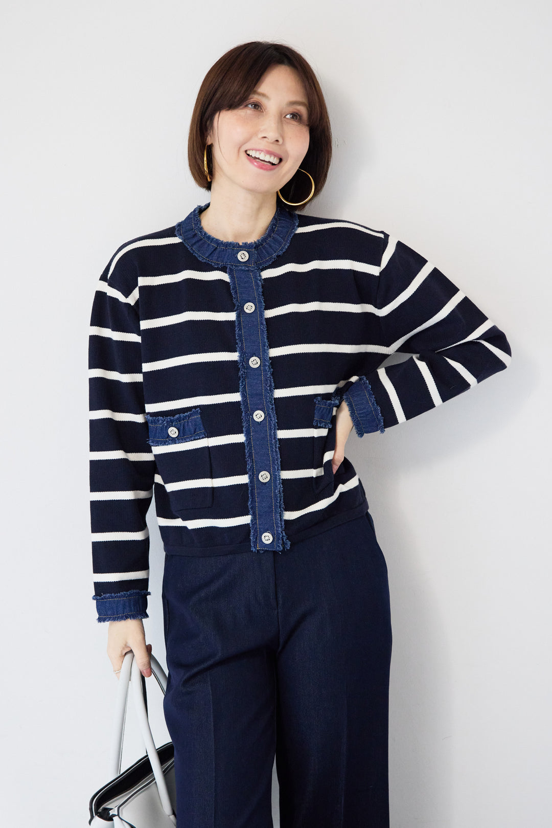 フリンジデニムライン ボーダーカーディガン