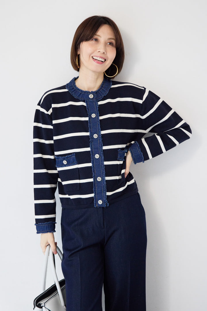 フリンジデニムライン ボーダーカーディガン