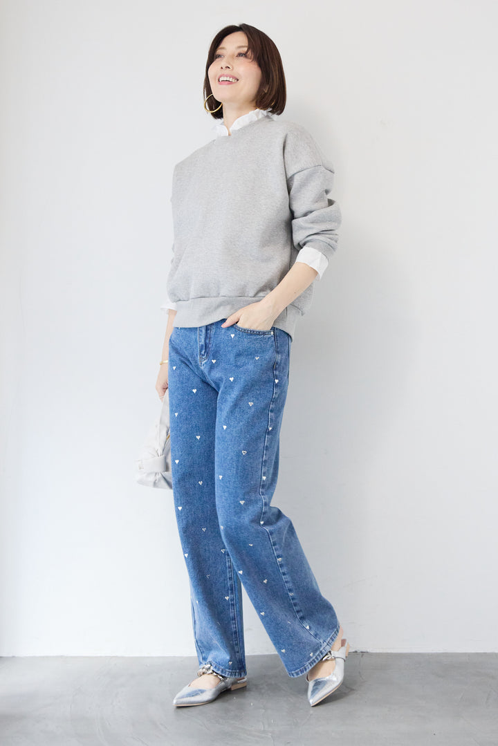 [SET]フリルレイヤードスウェットトップス+ハートスタッズ デニムパンツ(2set)