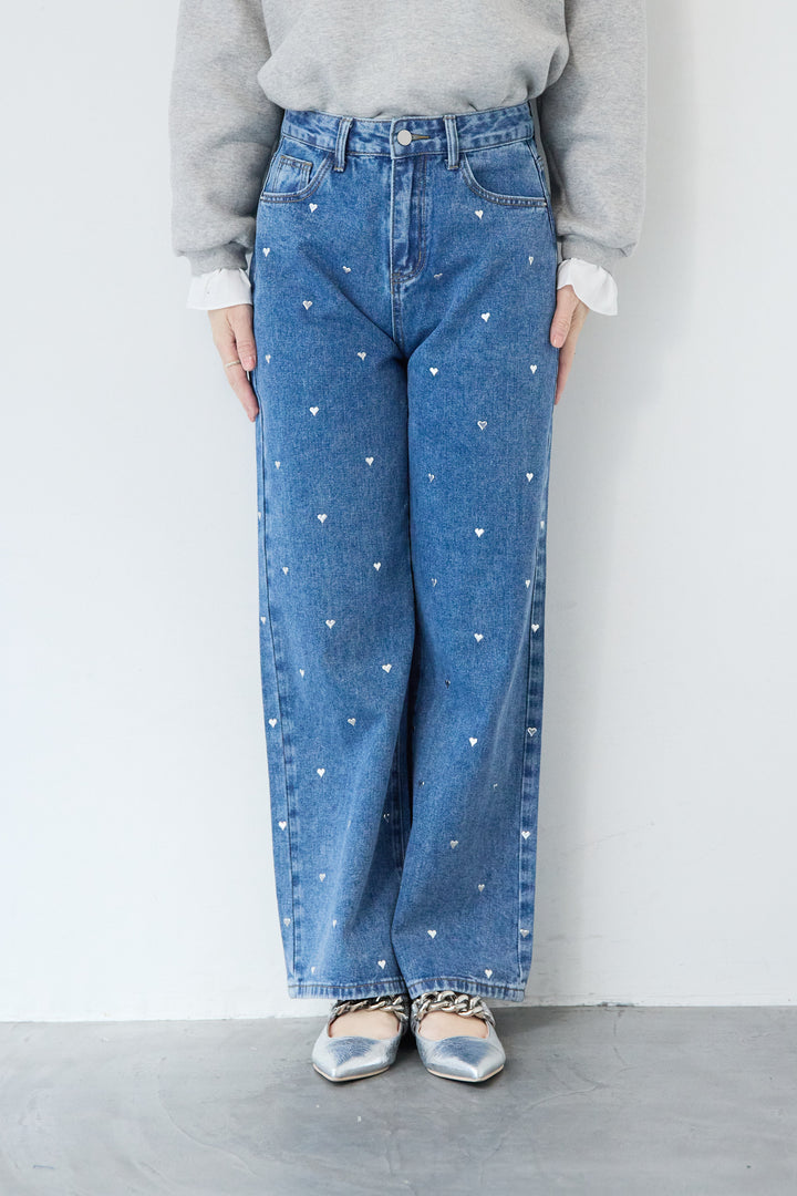 [SET]フリルレイヤードスウェットトップス+ハートスタッズ デニムパンツ(2set)