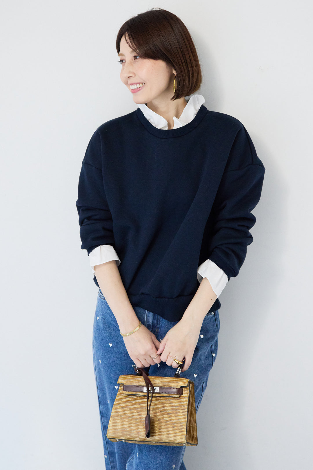 [SET]フリルレイヤードスウェットトップス+ハートスタッズ デニムパンツ(2set)