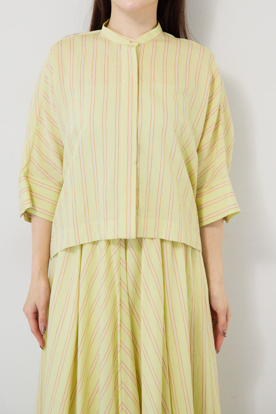 マルチストライプ切替 バンドカラー比翼ブラウス（セットアップ対応）