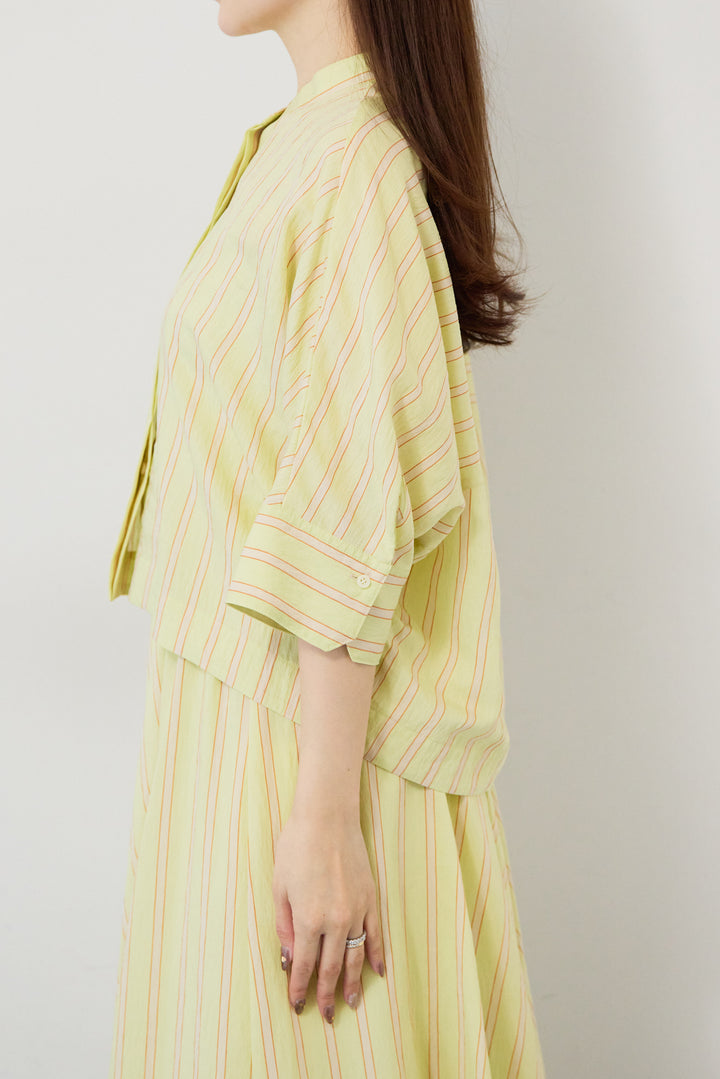 マルチストライプ切替 バンドカラー比翼ブラウス（セットアップ対応）