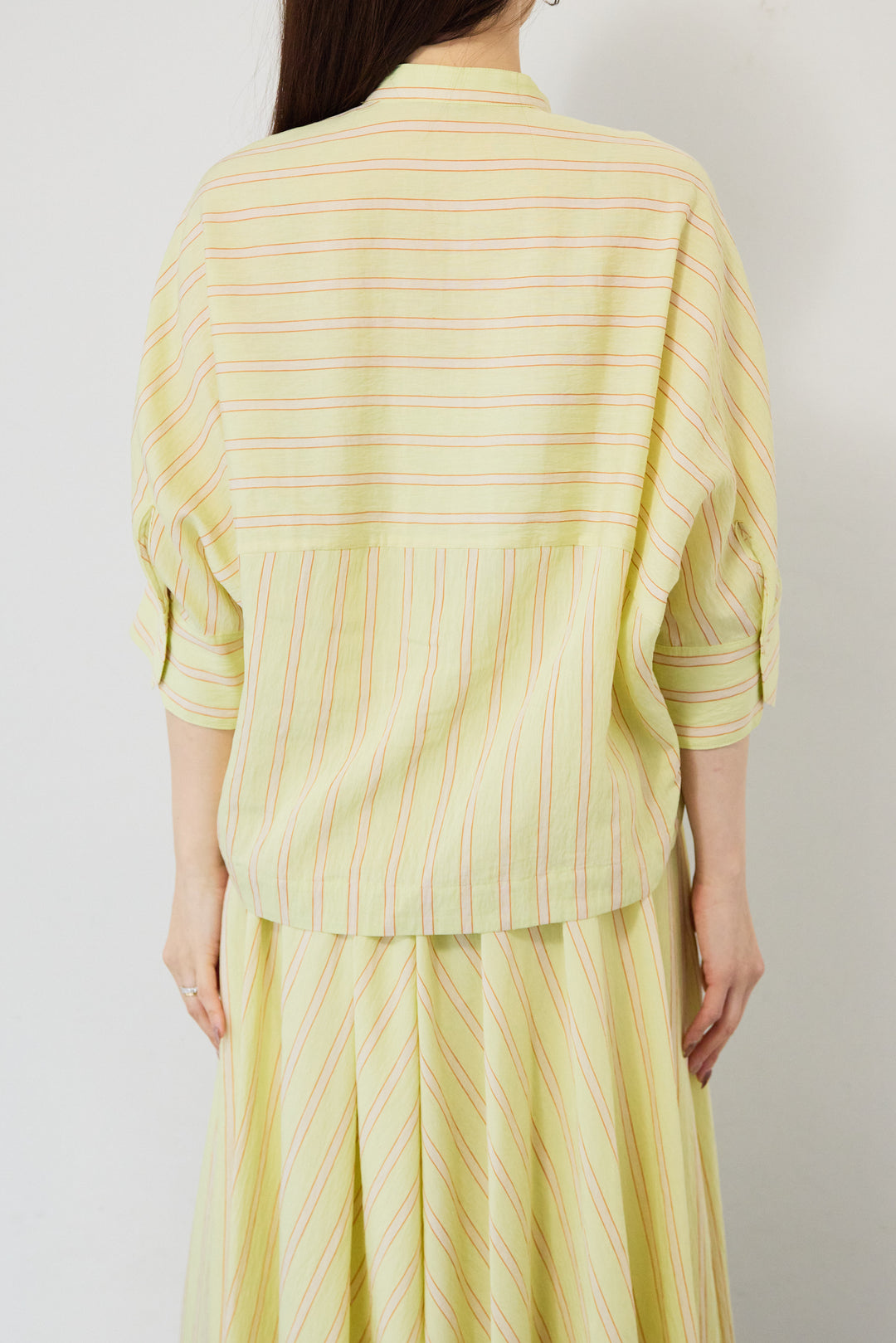 マルチストライプ切替 バンドカラー比翼ブラウス（セットアップ対応）