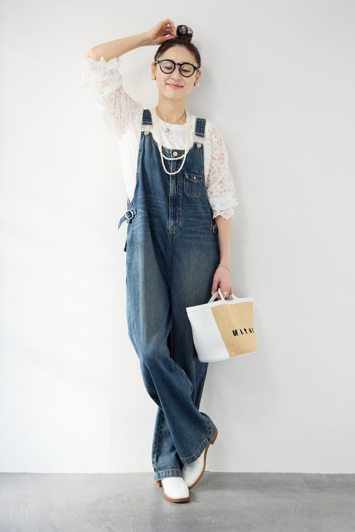 [SET]スカラップヘム レースシアーブラウス+ワークテイストデニムオールインワン(2set)