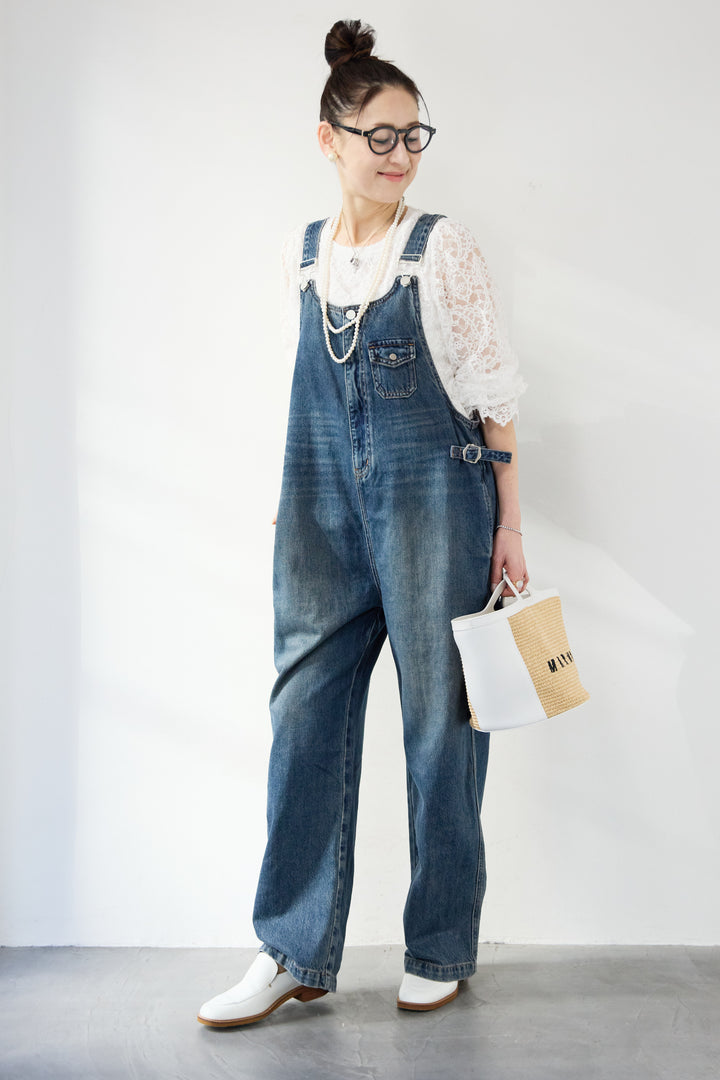 [SET]スカラップヘム レースシアーブラウス+ワークテイストデニムオールインワン(2set)