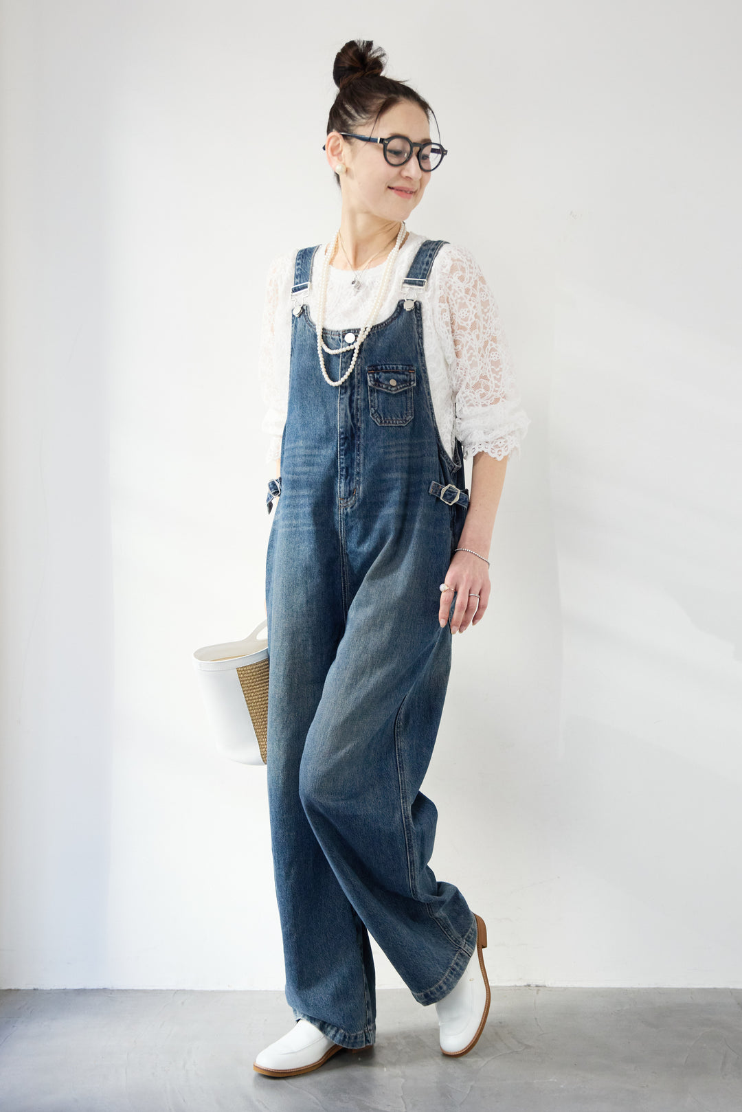 [SET]スカラップヘム レースシアーブラウス+ワークテイストデニムオールインワン(2set)