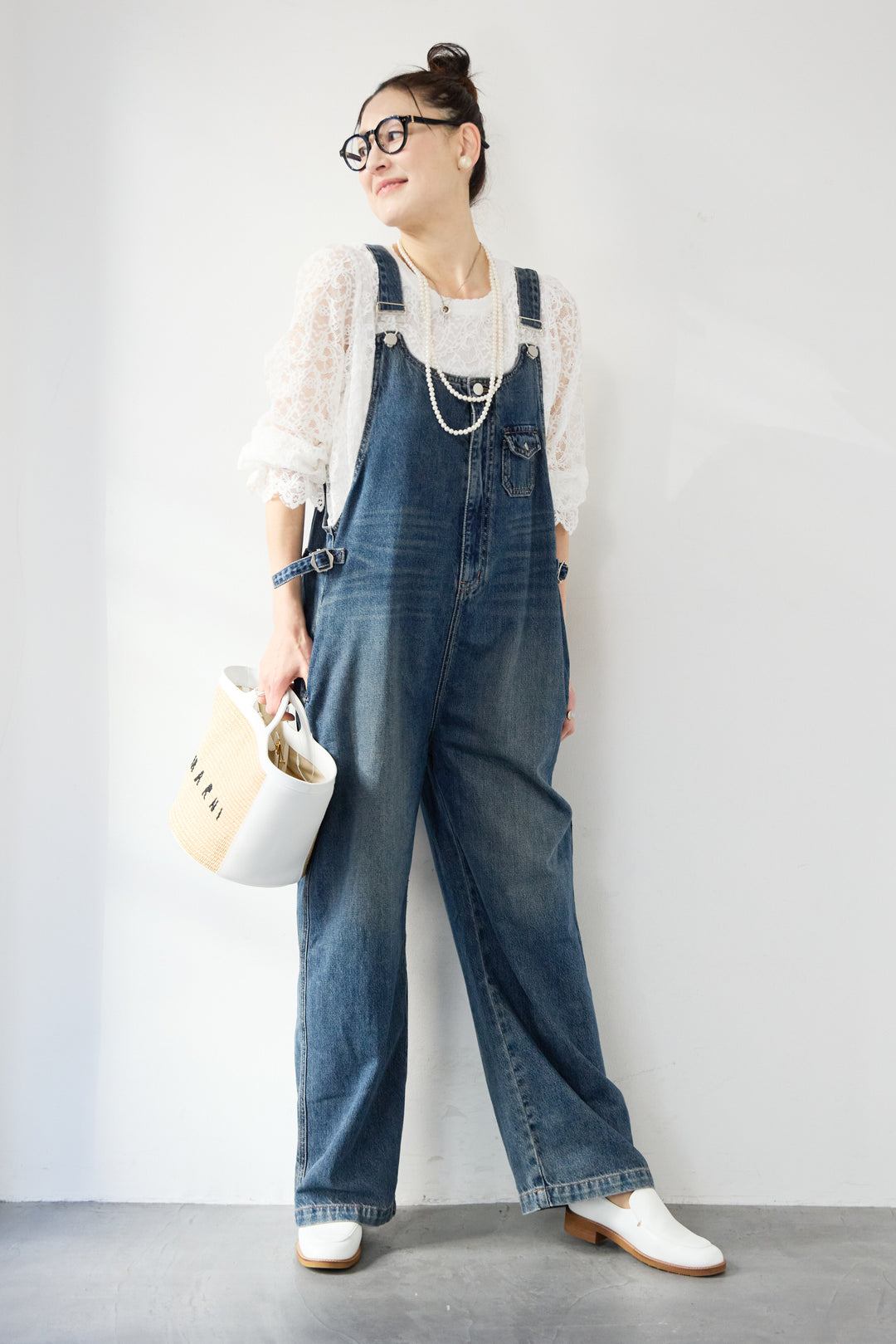 [SET]スカラップヘム レースシアーブラウス+ワークテイストデニムオールインワン(2set)