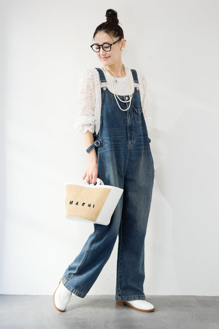 [SET]スカラップヘム レースシアーブラウス+ワークテイストデニムオールインワン(2set)