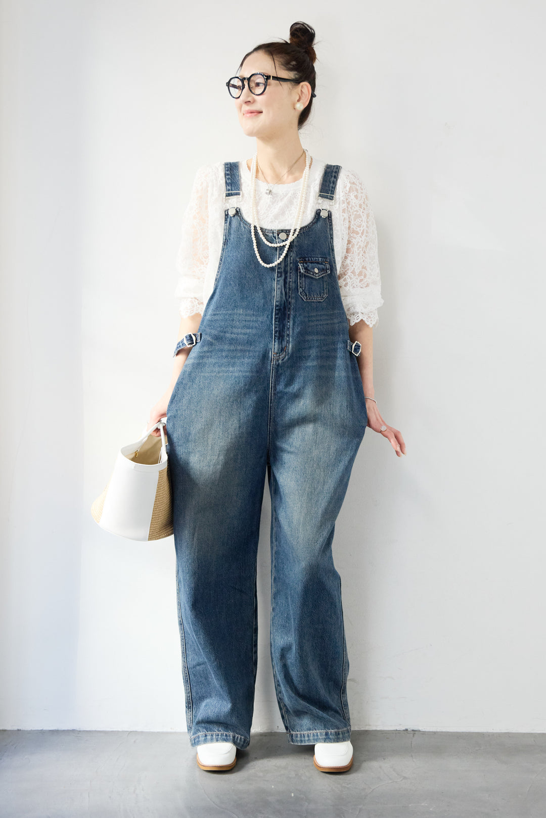 [SET]スカラップヘム レースシアーブラウス+ワークテイストデニムオールインワン(2set)