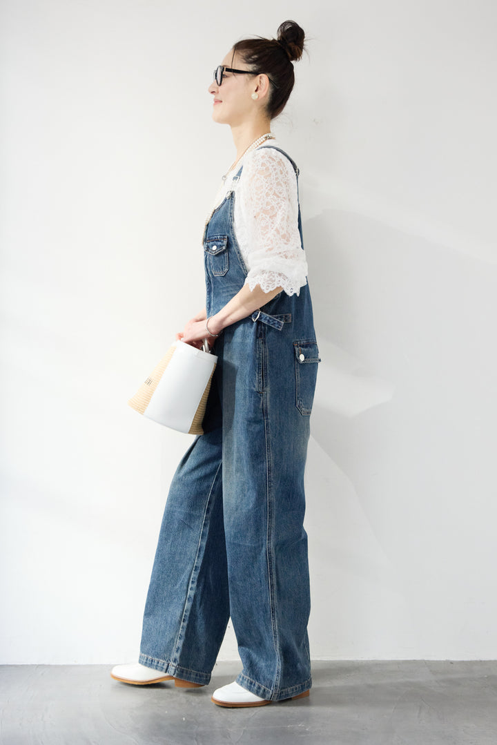 [SET]スカラップヘム レースシアーブラウス+ワークテイストデニムオールインワン(2set)
