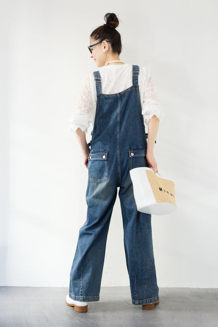 [SET]スカラップヘム レースシアーブラウス+ワークテイストデニムオールインワン(2set)