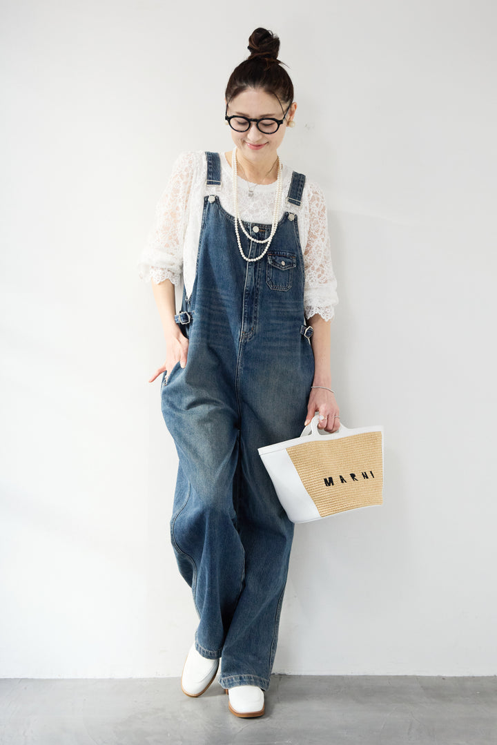 [SET]スカラップヘム レースシアーブラウス+ワークテイストデニムオールインワン(2set)