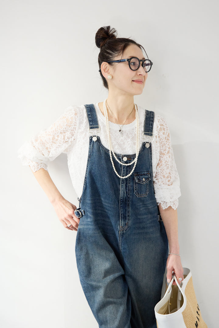 [SET]スカラップヘム レースシアーブラウス+ワークテイストデニムオールインワン(2set)