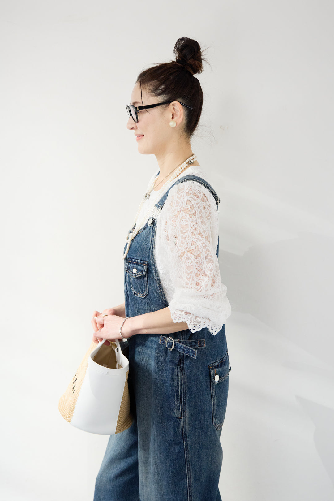 [SET]スカラップヘム レースシアーブラウス+ワークテイストデニムオールインワン(2set)