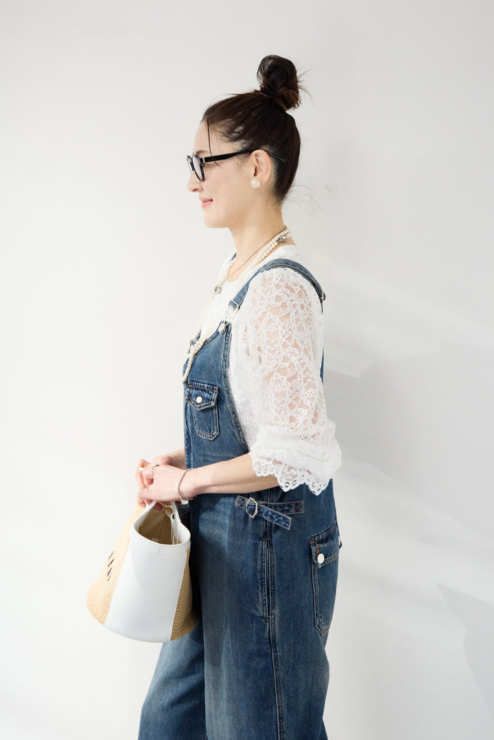 [SET]スカラップヘム レースシアーブラウス+ワークテイストデニムオールインワン(2set)