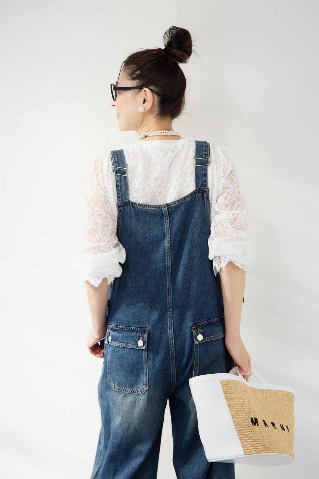 [SET]スカラップヘム レースシアーブラウス+ワークテイストデニムオールインワン(2set)