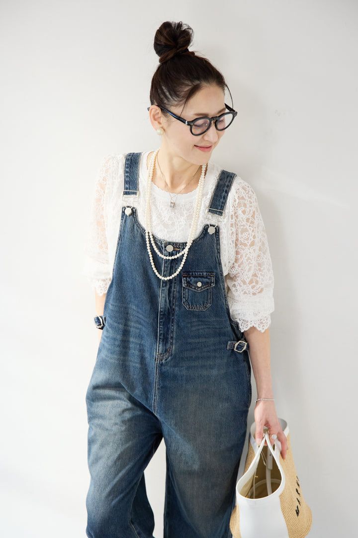 [SET]スカラップヘム レースシアーブラウス+ワークテイストデニムオールインワン(2set)