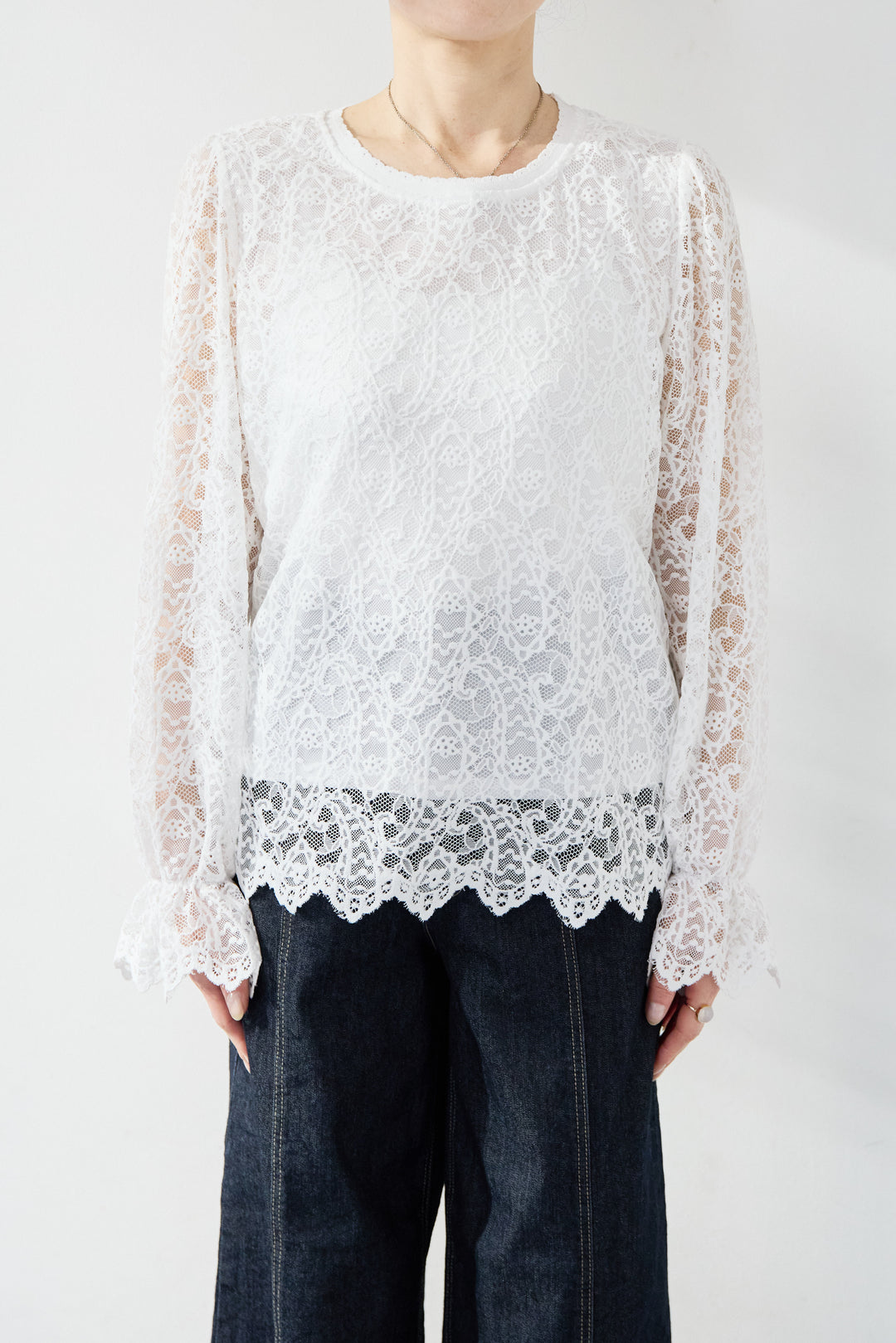 [SET]スカラップヘム レースシアーブラウス+ワークテイストデニムオールインワン(2set)