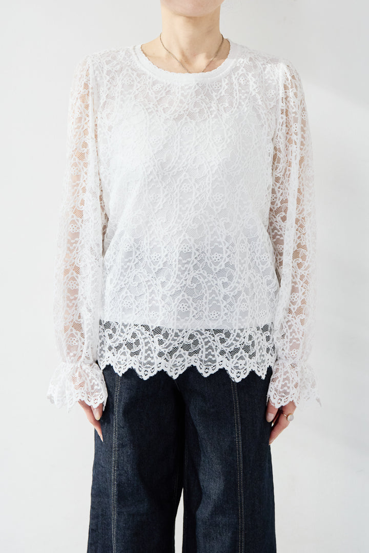 [SET]フェイクレザーノーカラージャケット+スカラップヘム レースシアーブラウス(2set)