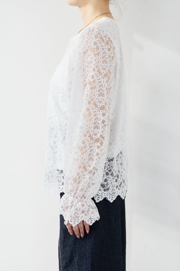 [SET]スカラップヘム レースシアーブラウス+ワークテイストデニムオールインワン(2set)