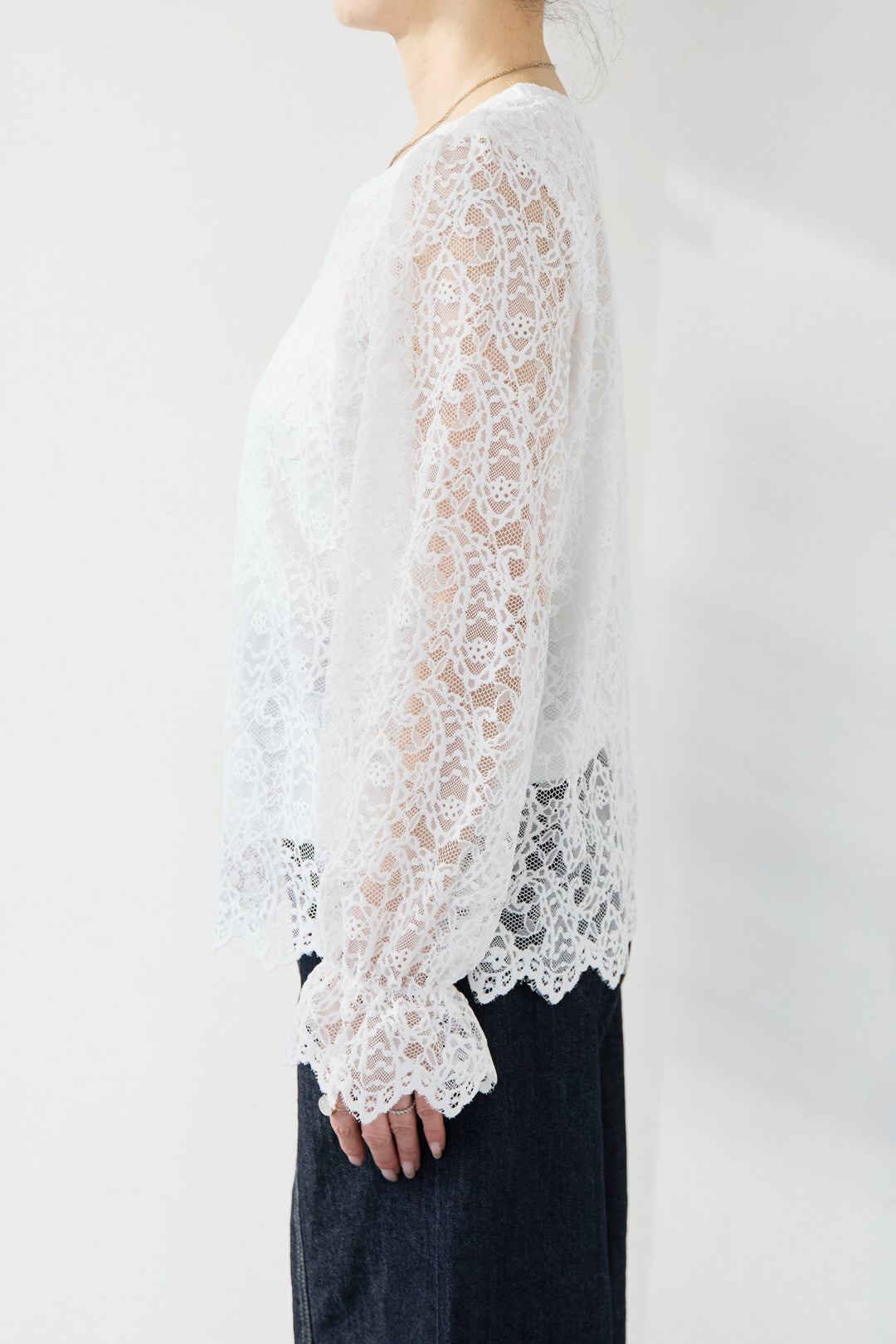 [SET]フェイクレザーノーカラージャケット+スカラップヘム レースシアーブラウス(2set)