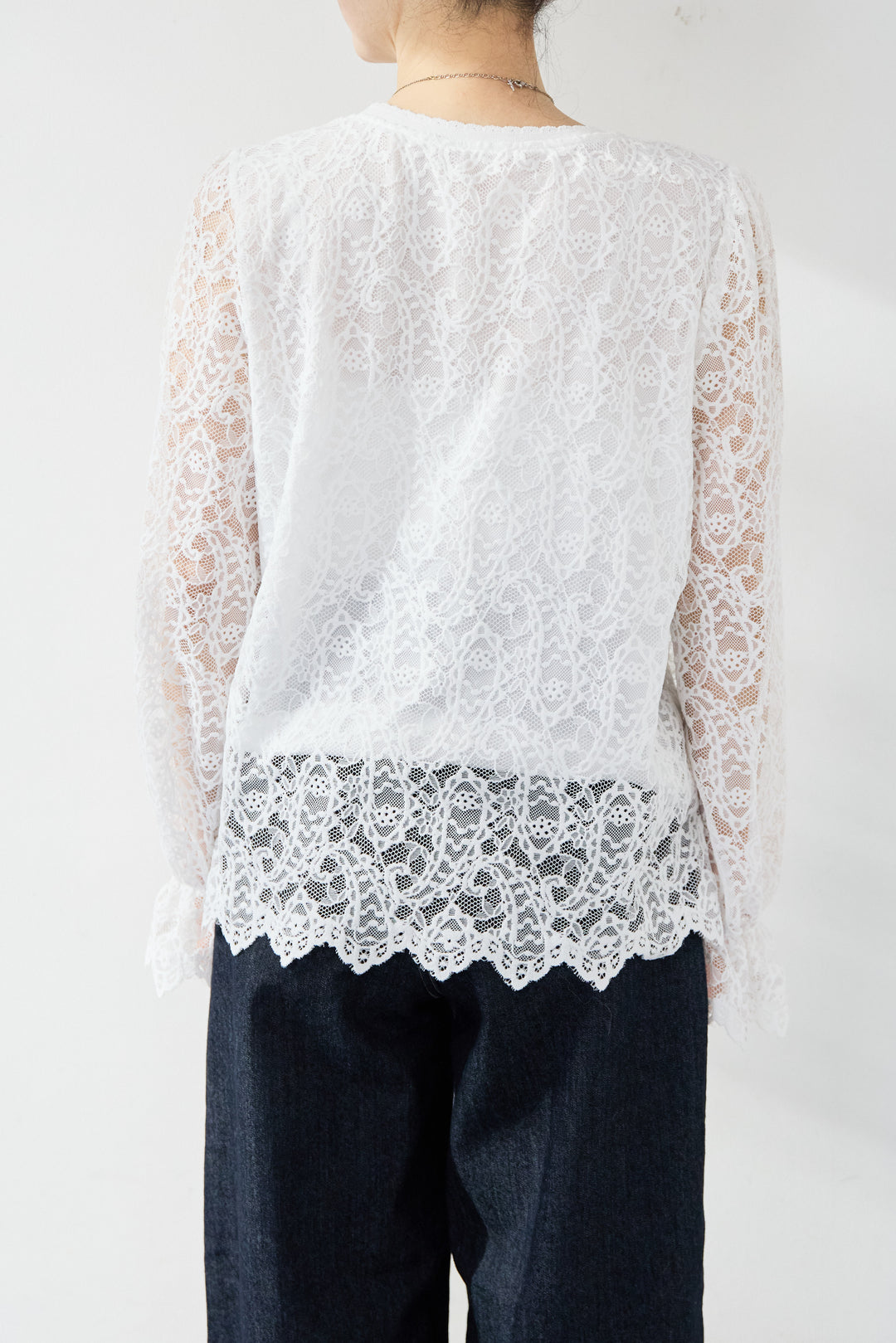 [SET]フェイクレザーノーカラージャケット+スカラップヘム レースシアーブラウス(2set)