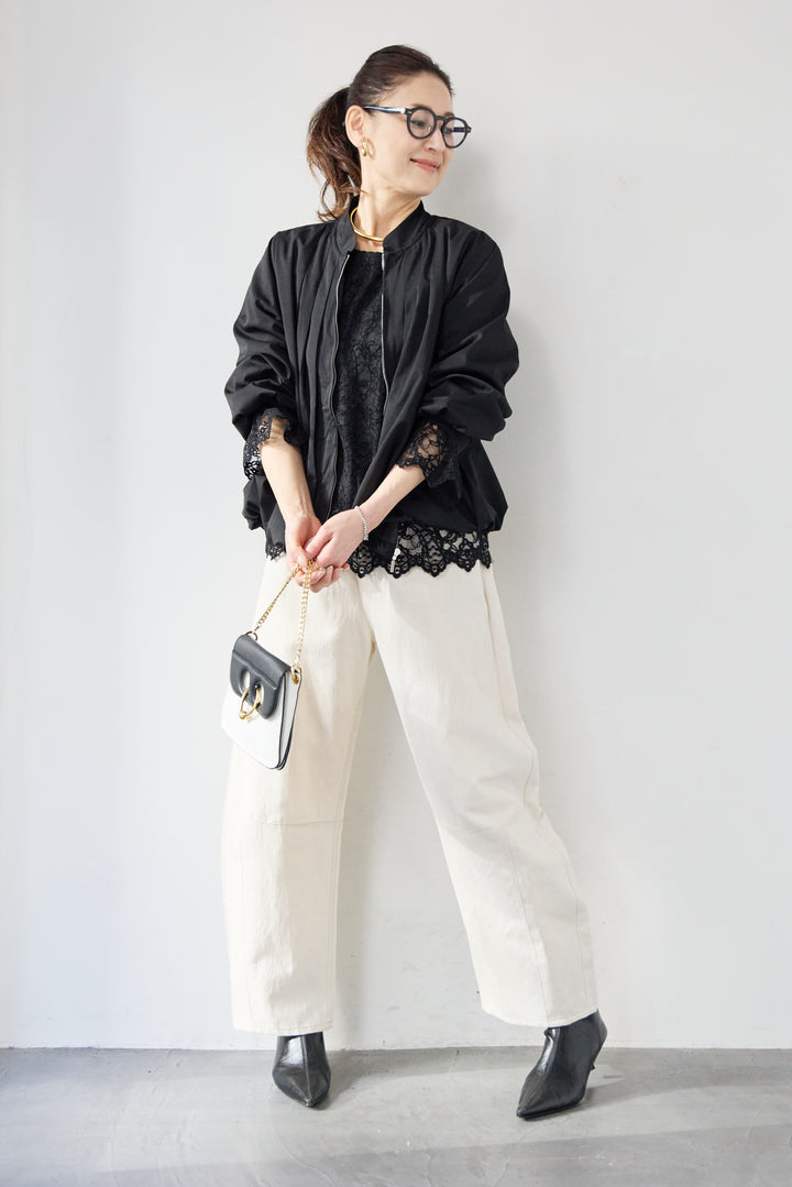 [SET]タックギャザーライトジャケット+リネンデニムカーブパンツ(2set)