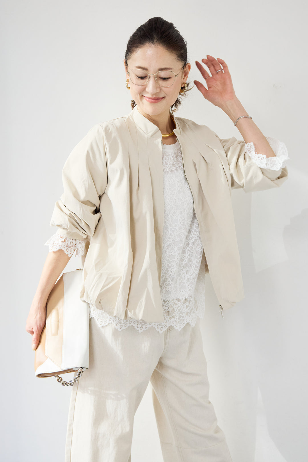 [SET]タックギャザーライトジャケット+リネンデニムカーブパンツ(2set)