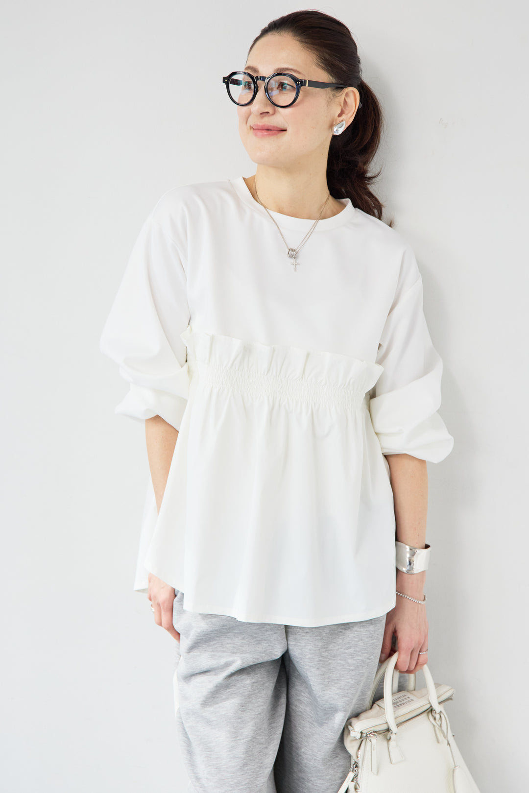 異素材切替 シャーリングトップス