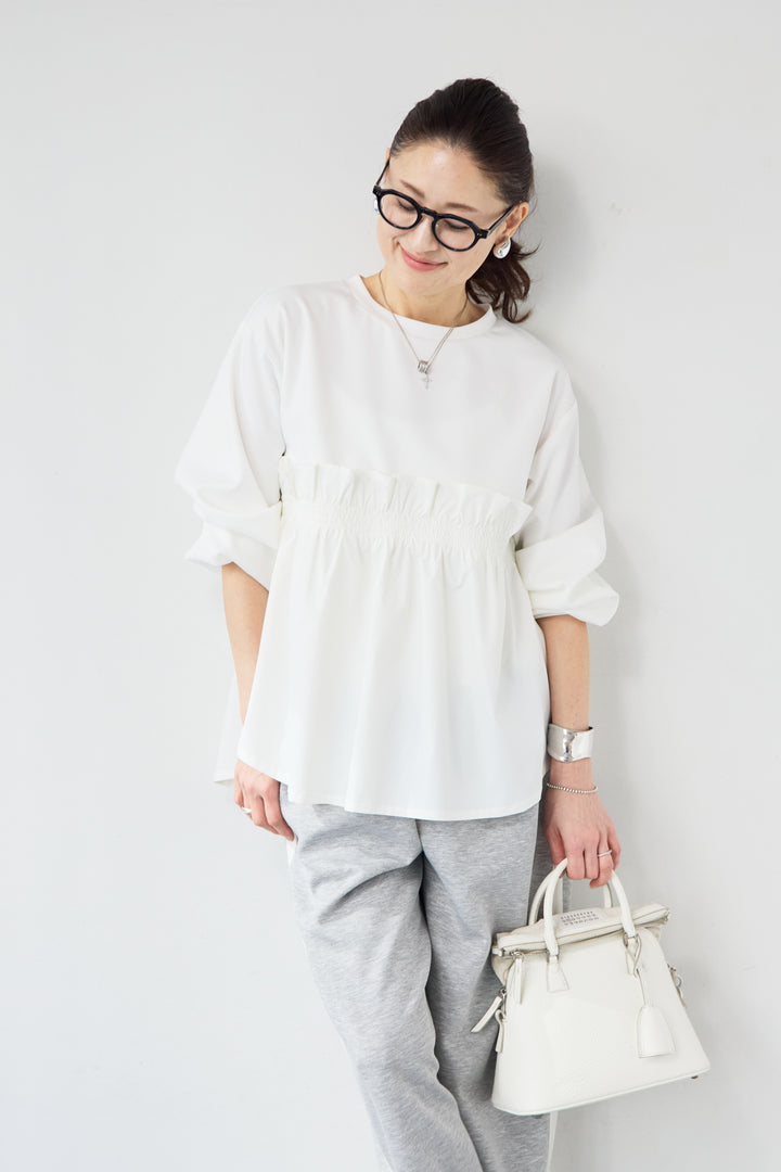 異素材切替 シャーリングトップス