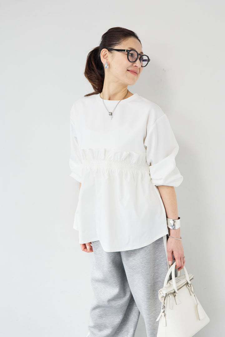 異素材切替 シャーリングトップス