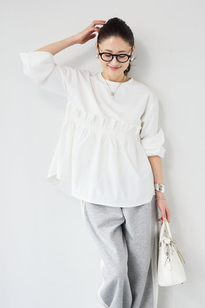 異素材切替 シャーリングトップス