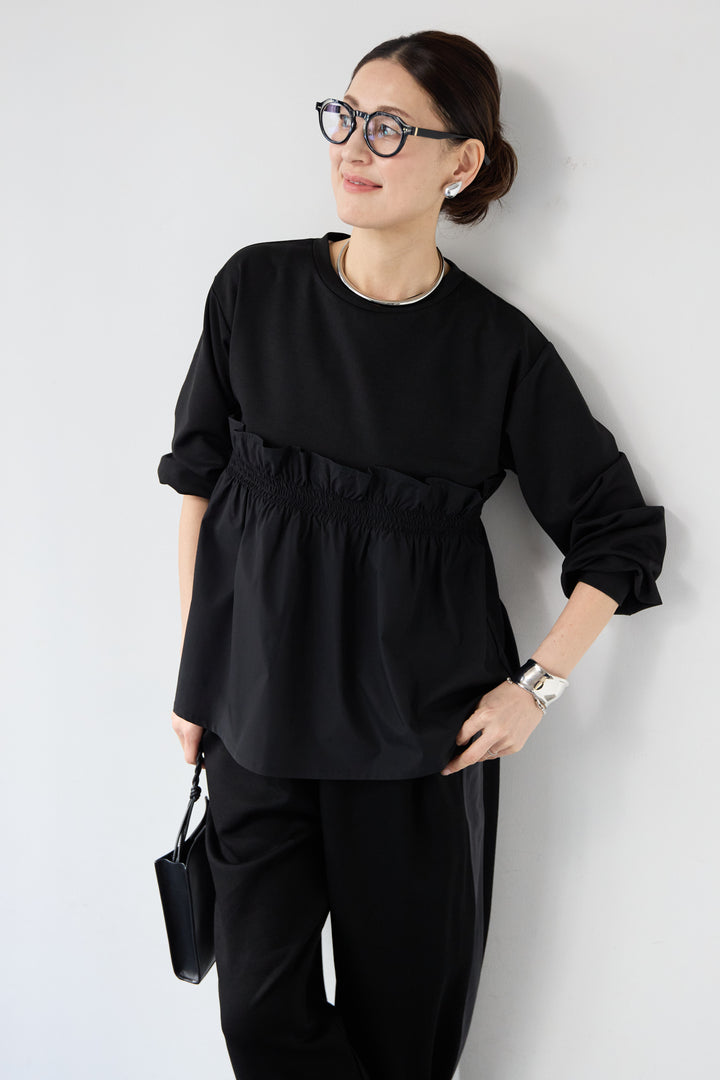 異素材切替 シャーリングトップス