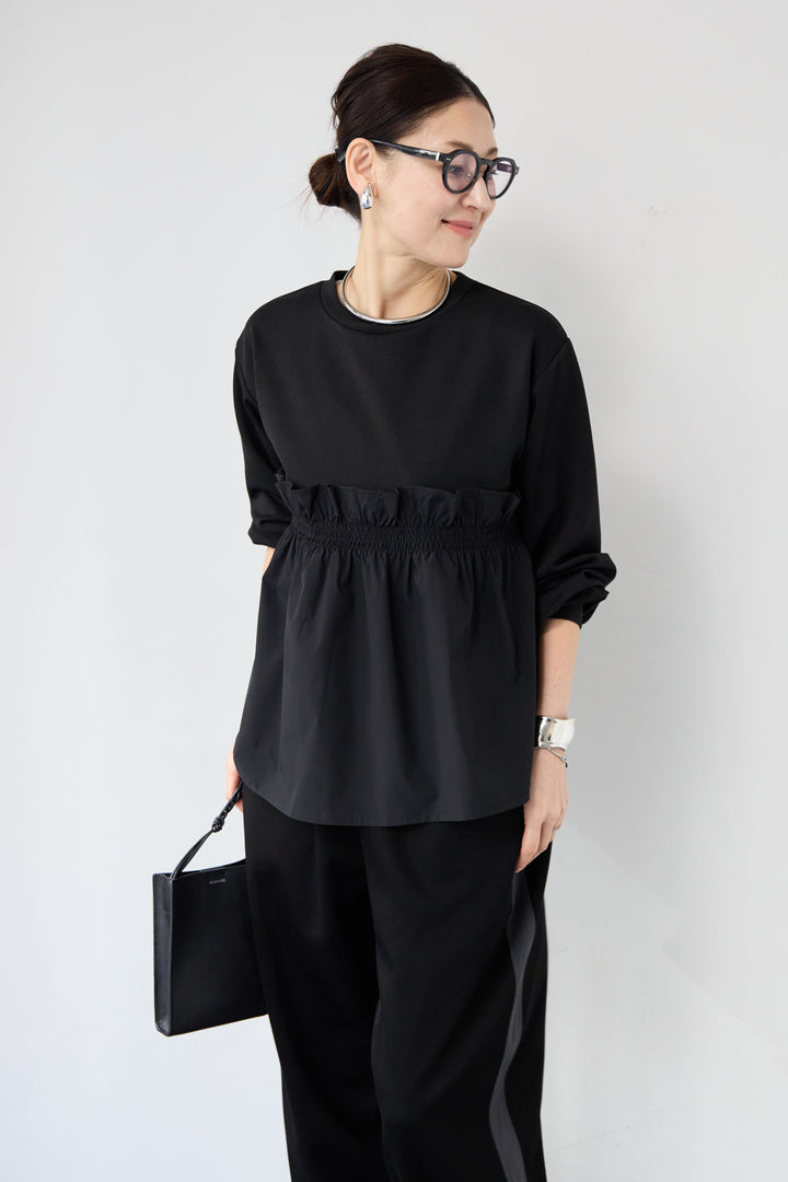 異素材切替 シャーリングトップス