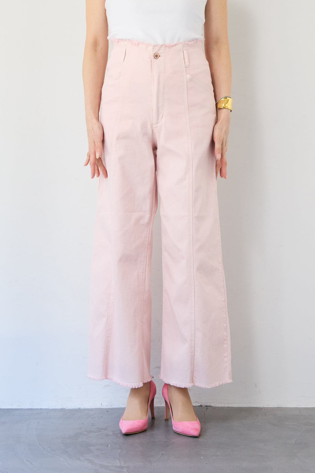 ステッチデザインストレッチデニムワイドパンツ