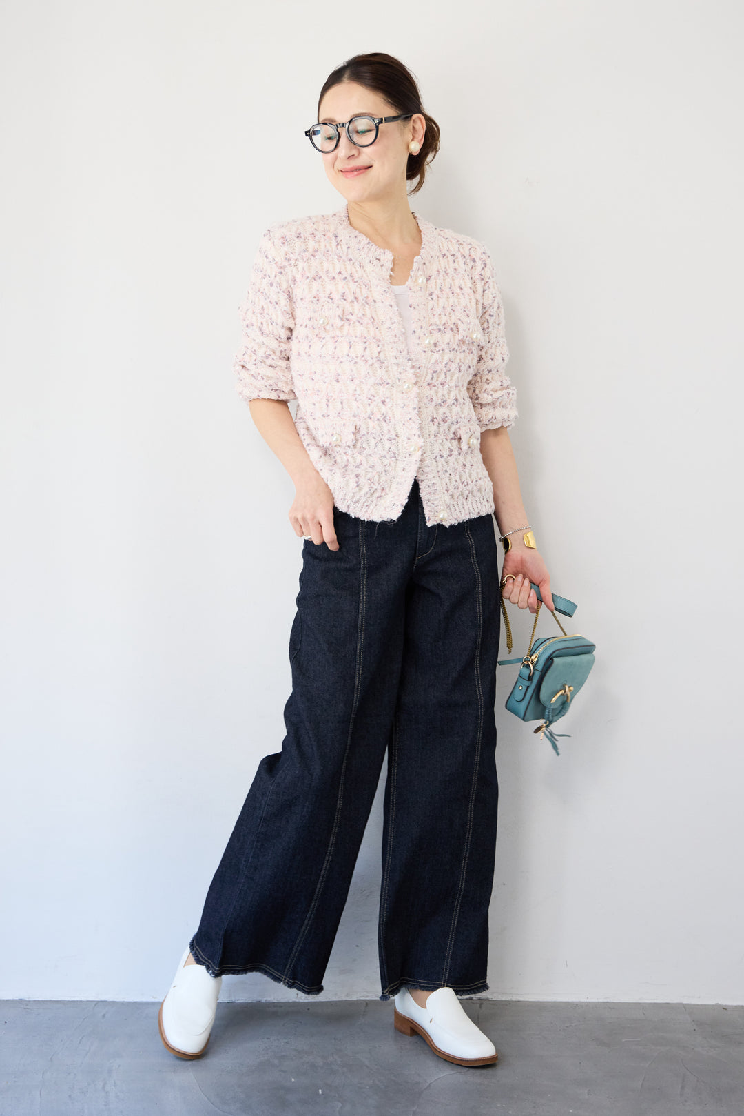 ステッチデザインストレッチデニムワイドパンツ