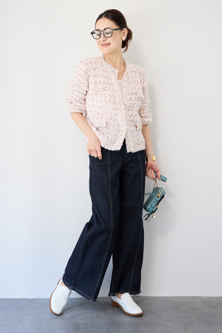 ステッチデザインストレッチデニムワイドパンツ