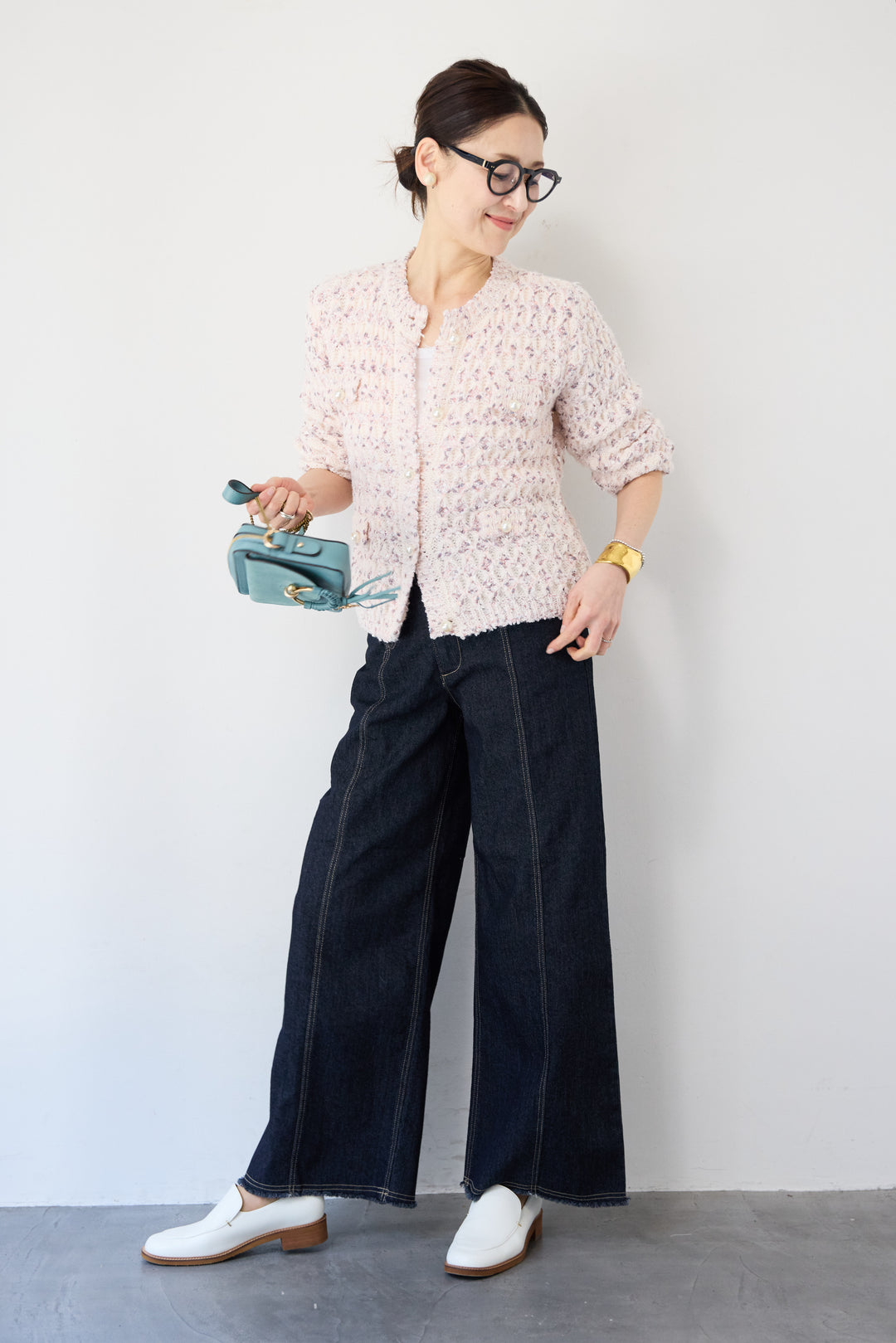 ステッチデザインストレッチデニムワイドパンツ